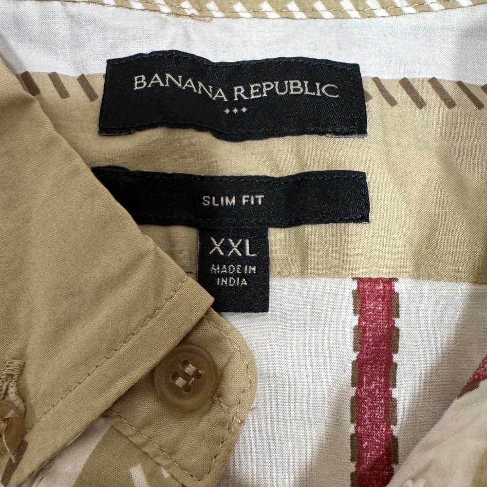 Banana Republic Mens XXL Slim Fit Organic Cotton Striped‎ Short Sleeve Shirt NEW